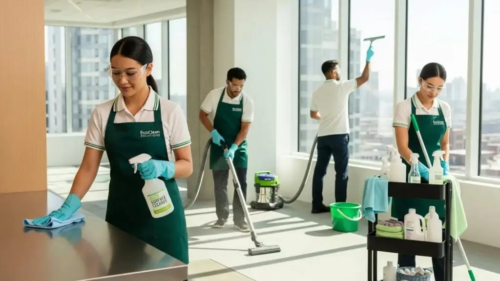 Cleaning team utilizing eco-friendly products during post-construction cleaning, demonstrating best practices