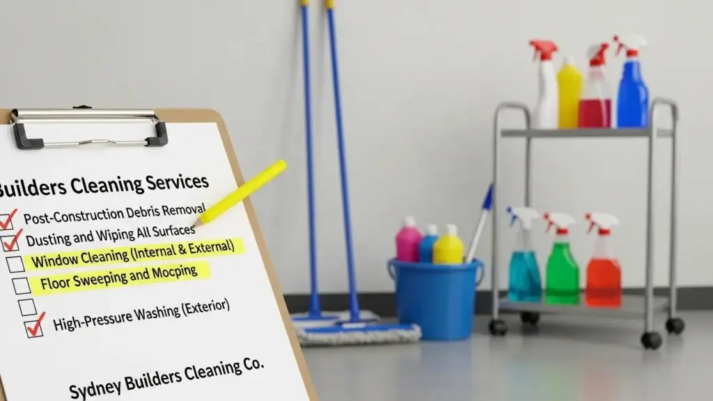Overview of builders cleaning pricing, showcasing service options and professional cleaning equipment