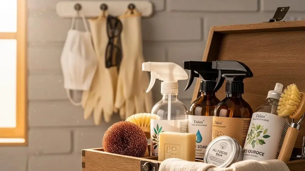 Showcasing eco-friendly cleaning products and safety gear relevant to construction site clean-up in Sydney