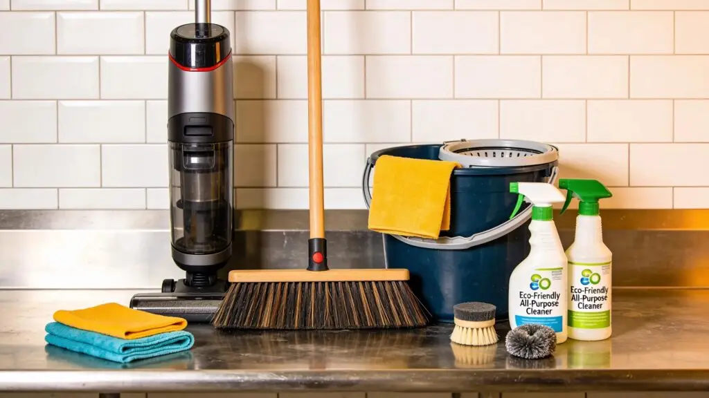 Post-construction cleaning supplies and tools poised for use in cleaning services