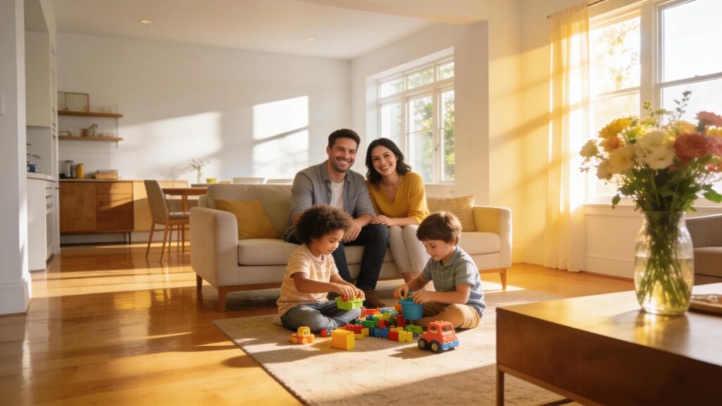 Family experiencing satisfaction in a clean home after post construction services
