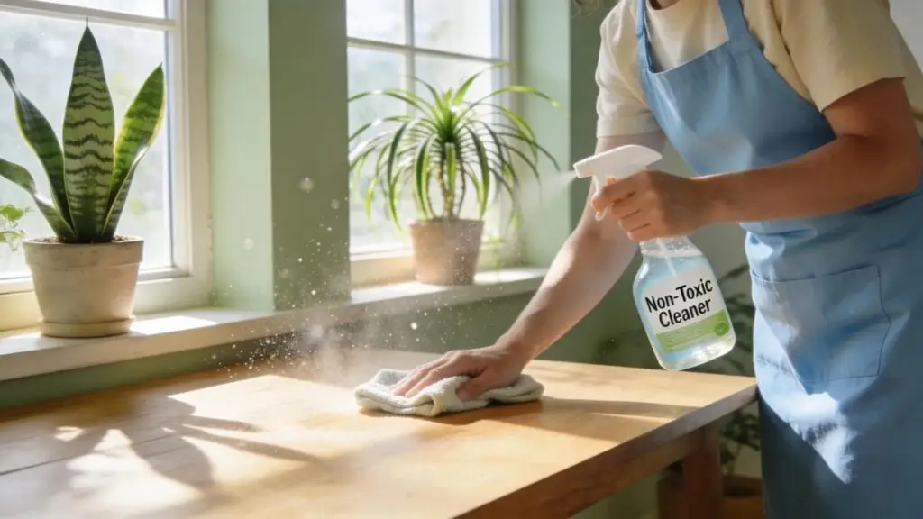 Cleaner using eco-friendly products in a bright, natural indoor setting for post-construction cleaning