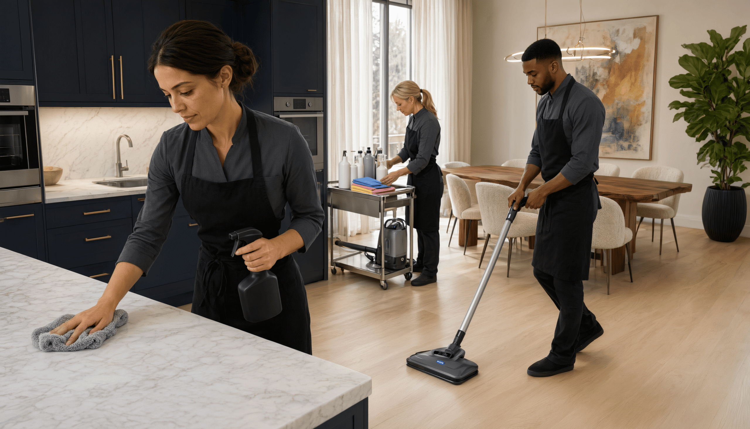 Professional cleaners equipped with advanced tools and products, highlighting the thoroughness and efficiency of their services.