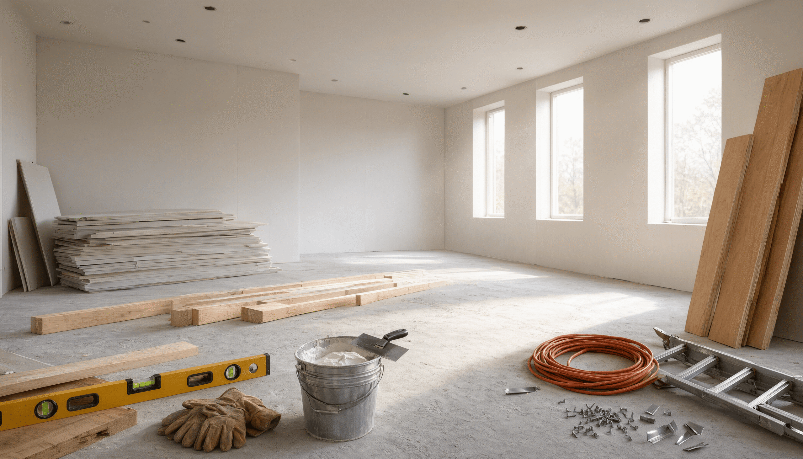 Dramatic transformation of a newly constructed building from dusty and cluttered to pristine and polished.