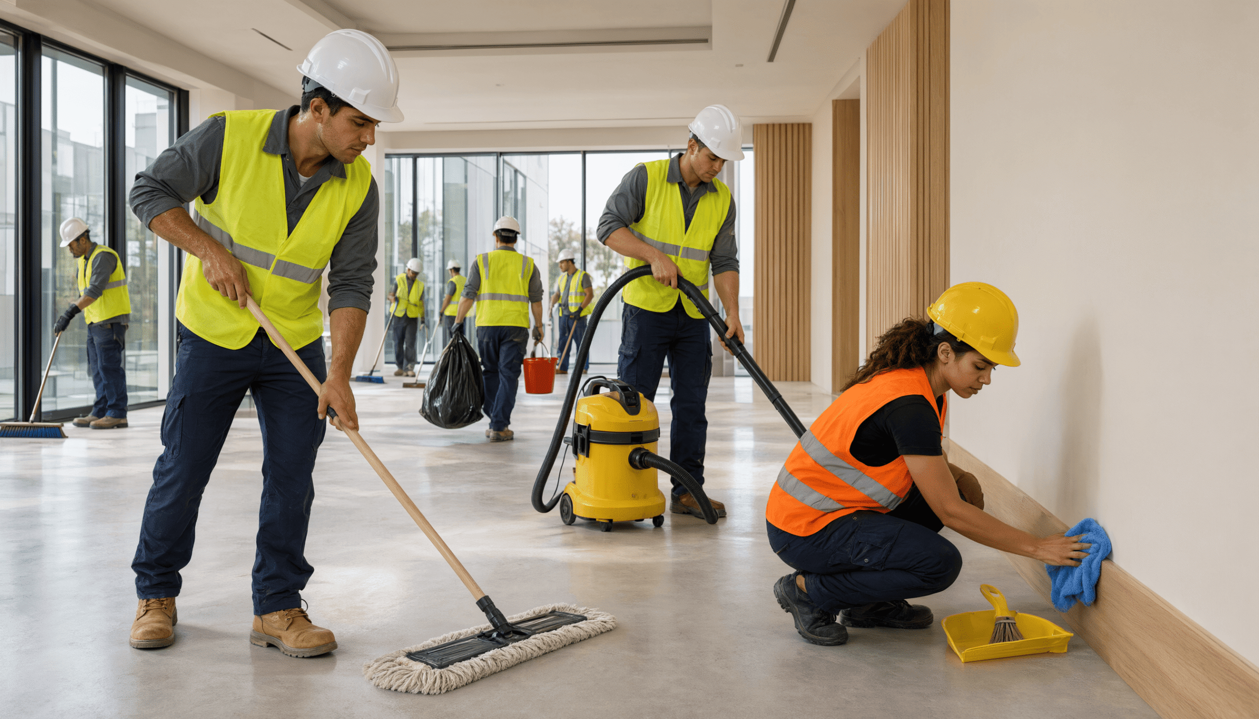 Workers in safety gear diligently cleaning a recently completed construction site, ensuring all dust and debris are removed.